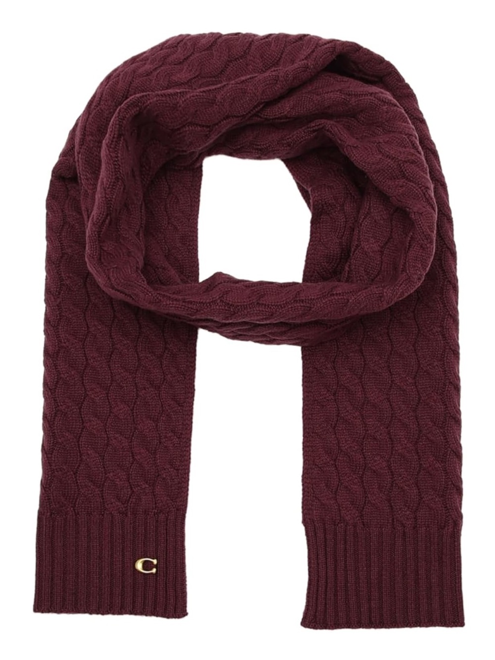 Coach Cable Knit Scarf in Burgundy with Gold Logo - New